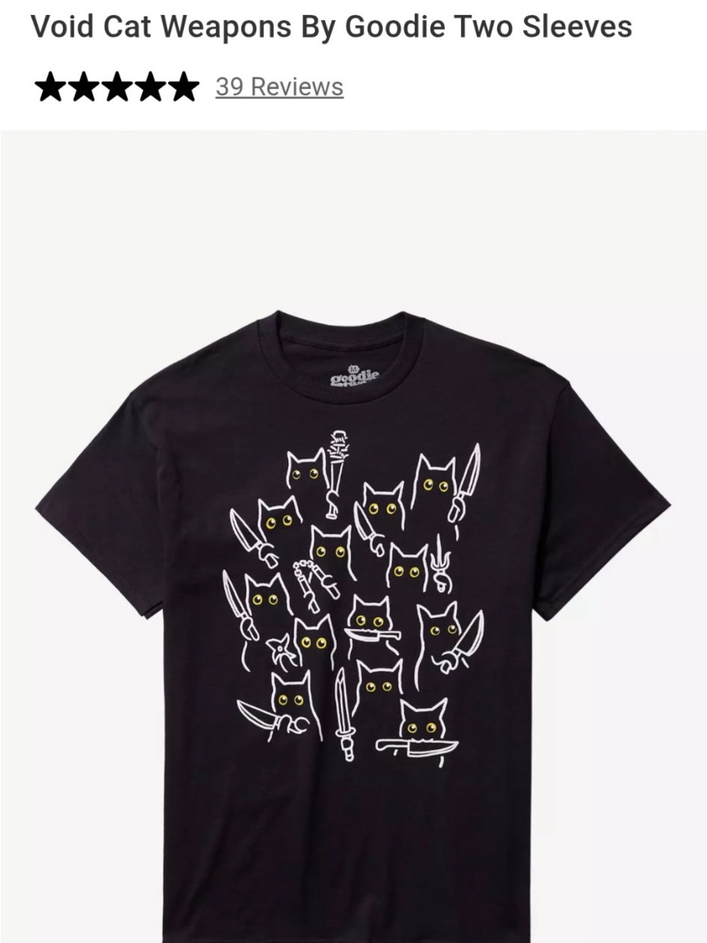 Threadless Black T-Shirt with White Void Cat Weapons and Yellow Eyes